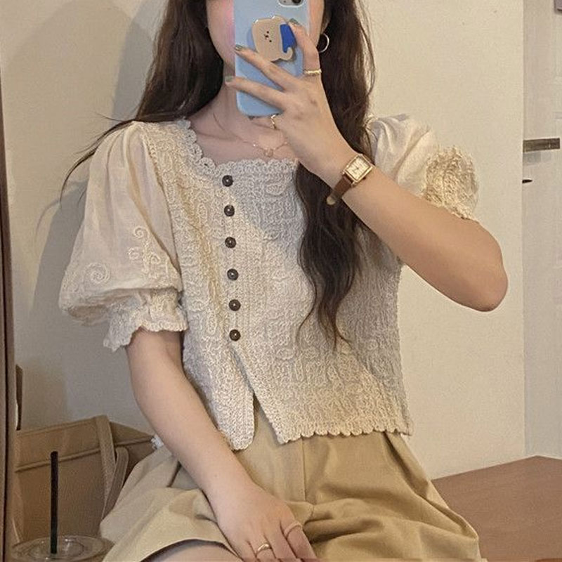 Summer Clothing In French - Kemeja Kerah Persegi Renda Gaya Perancis