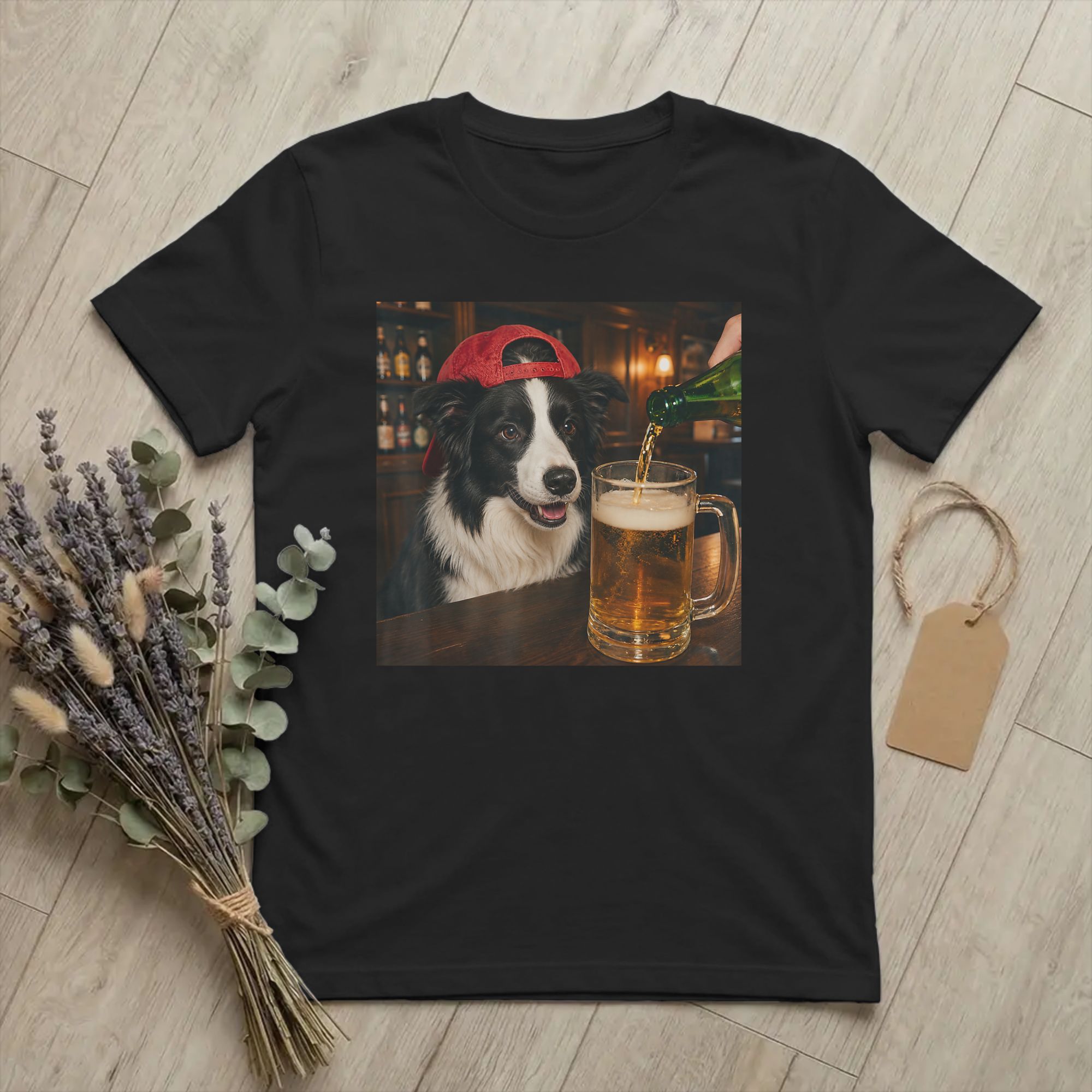 Summer Clothing Ideas - Kaus Pria Border Collie Drinking Beer