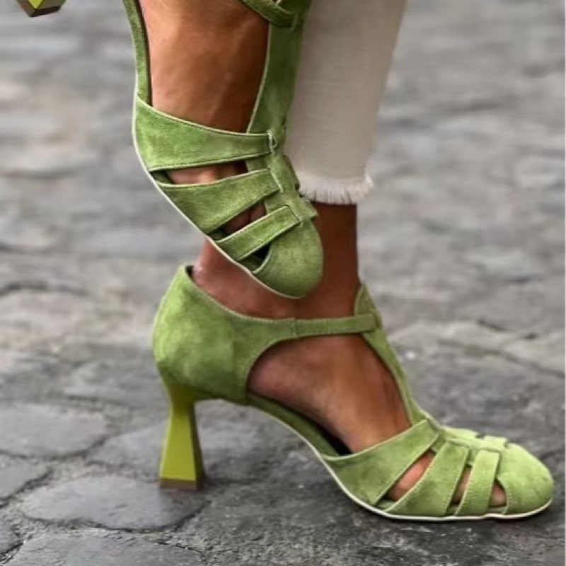 Summer Holiday Clothing Women - Sandal Wanita Hijau Suede Kitten Heel