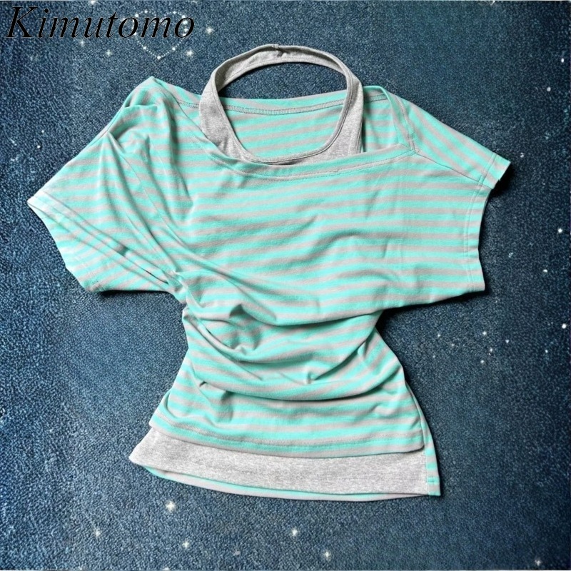 Summer Grunge Clothing - Kimutomo Kaus Wanita Bergaris Cetak Patchwork