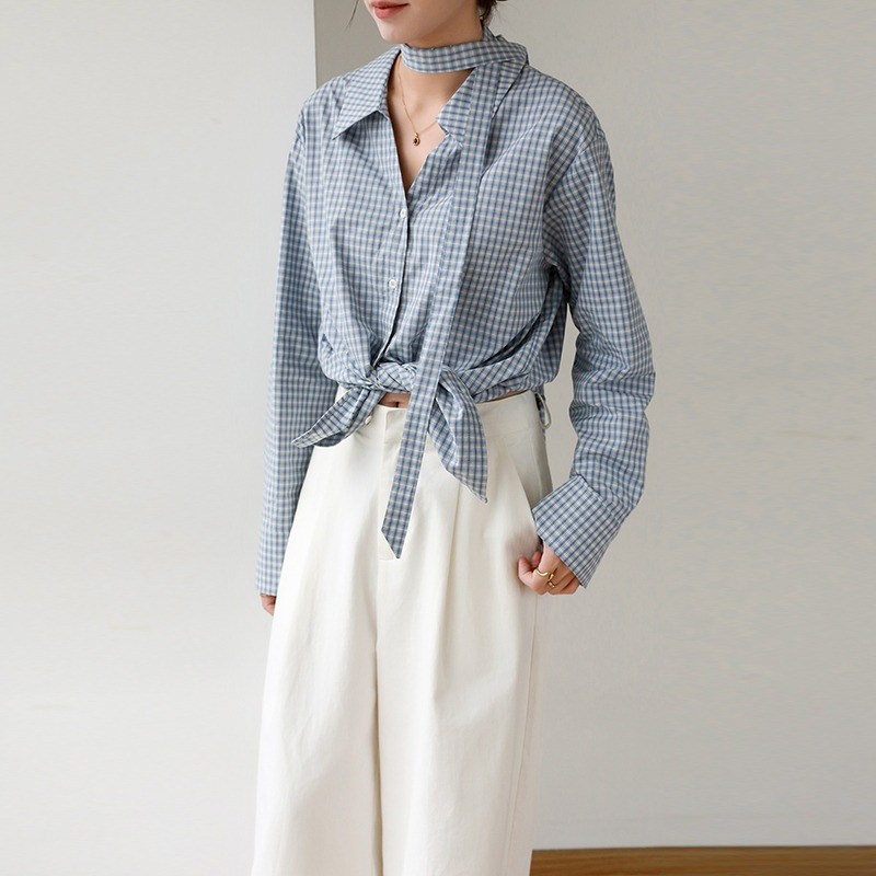 Summer Clothing In French - Blus Wanita Vintage Atasan Kotak-kotak Kasual