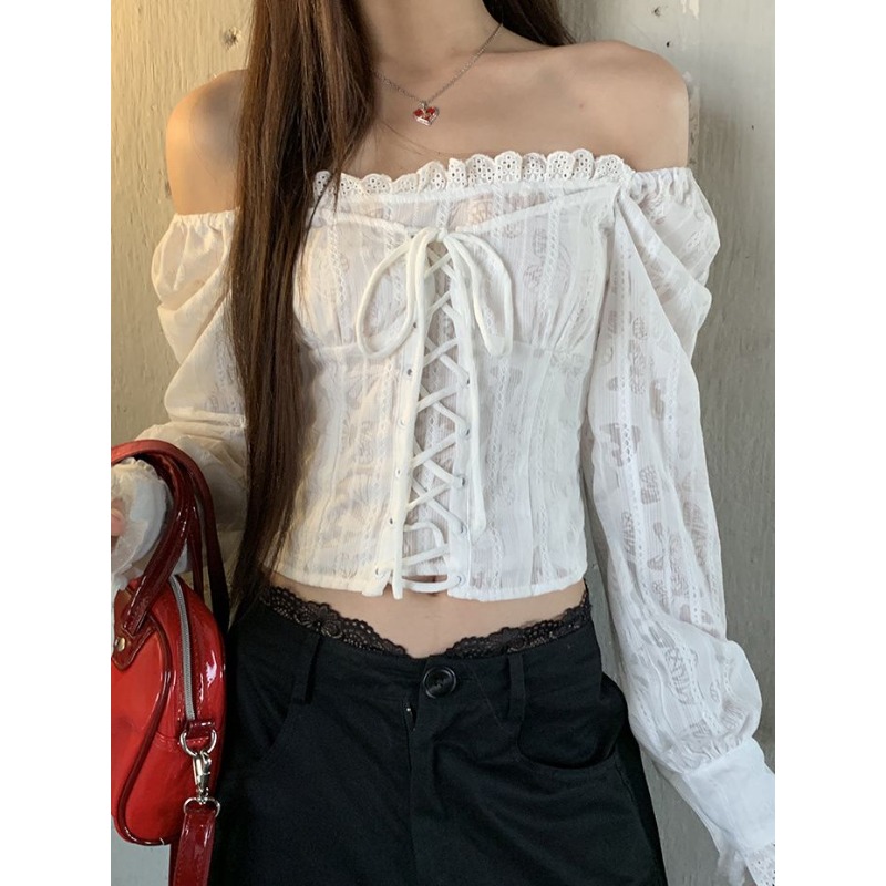 Summer Clothing Aesthetic - Deeptown Kemeja Wanita Potongan Berenda Putih