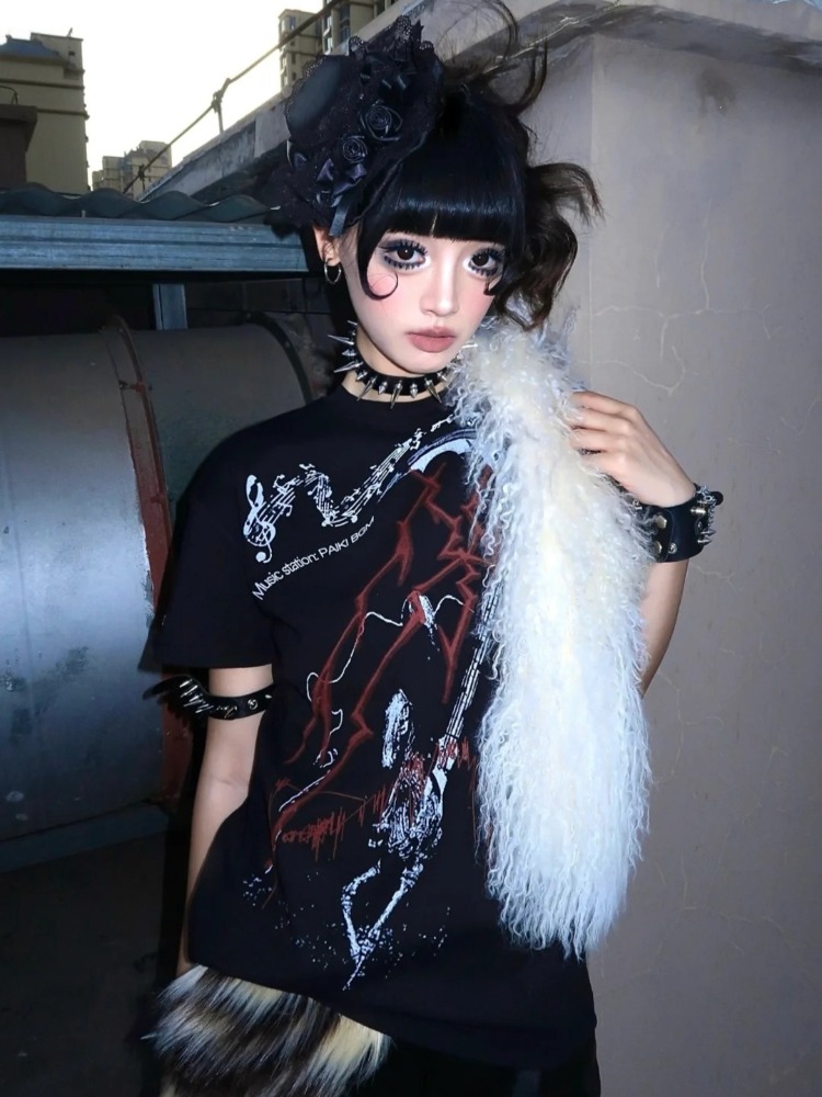 Kaos Vintage Cetak Punk Hitam  - Summer Grunge Clothing ulasan dan harga