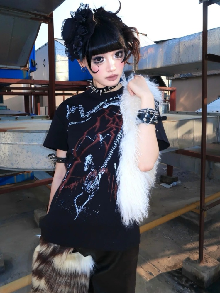 Kaos Vintage Cetak Punk Hitam  - Summer Grunge Clothing ulasan dan harga