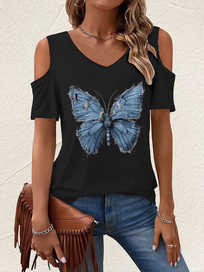 Kaos Vintage V-Neck Motif Kupu - Summer Clothing Drop ulasan dan harga